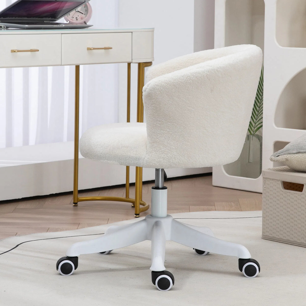 Armless Teddy Fleece Swivel Desk Chair, White