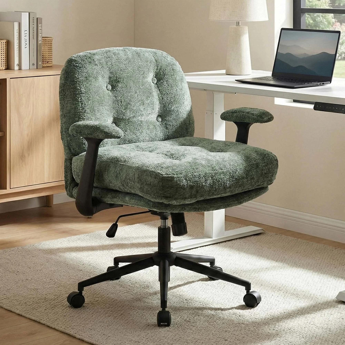 Green Velvet-Like Chenille Swivel Desk Chair with Armrests