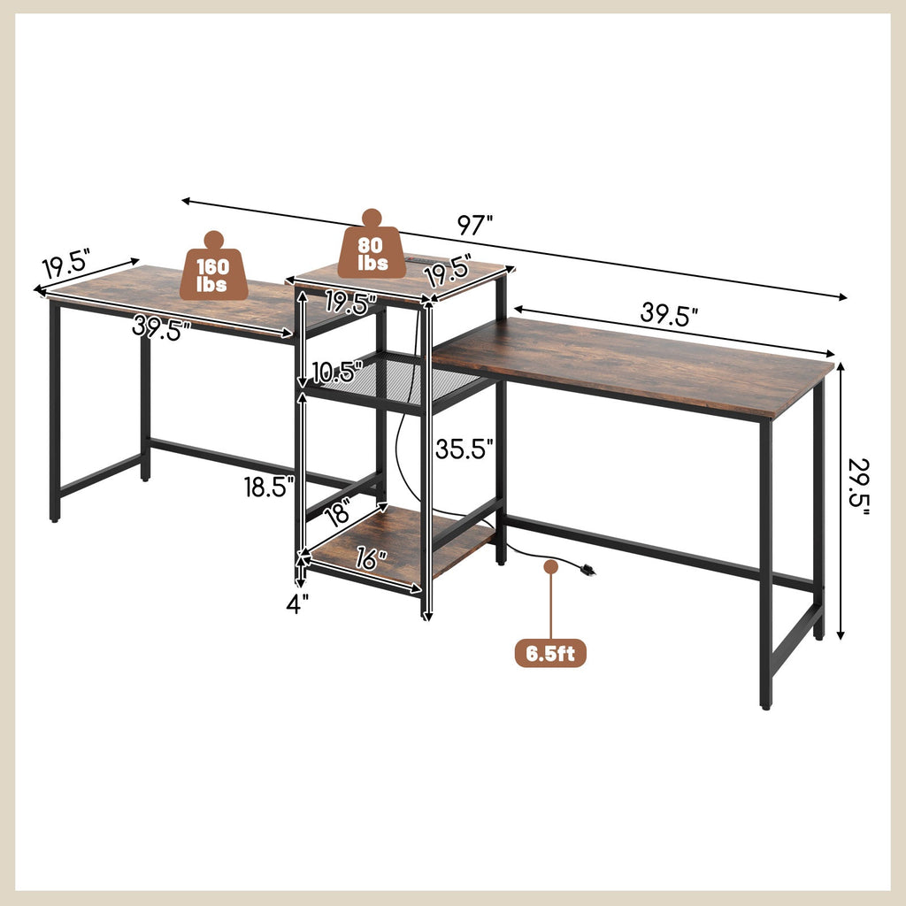 2-Person Computer Desk with Power Outlet and Printer Stand-Rustic Brown