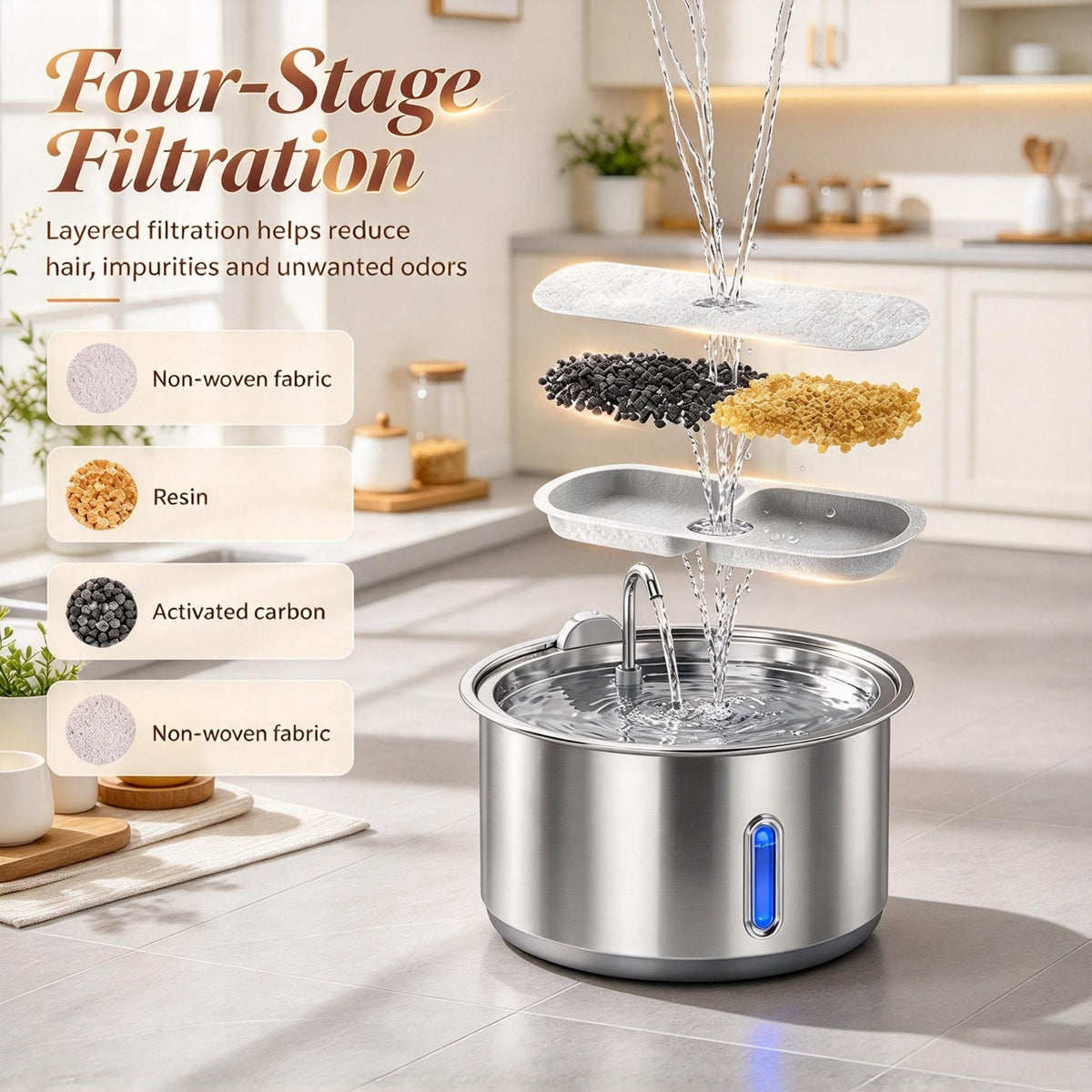Large Capacity Stainless Steel Cat Water Fountain, 4-Stage Filtration, Ultra Quiet Pump, Silver
