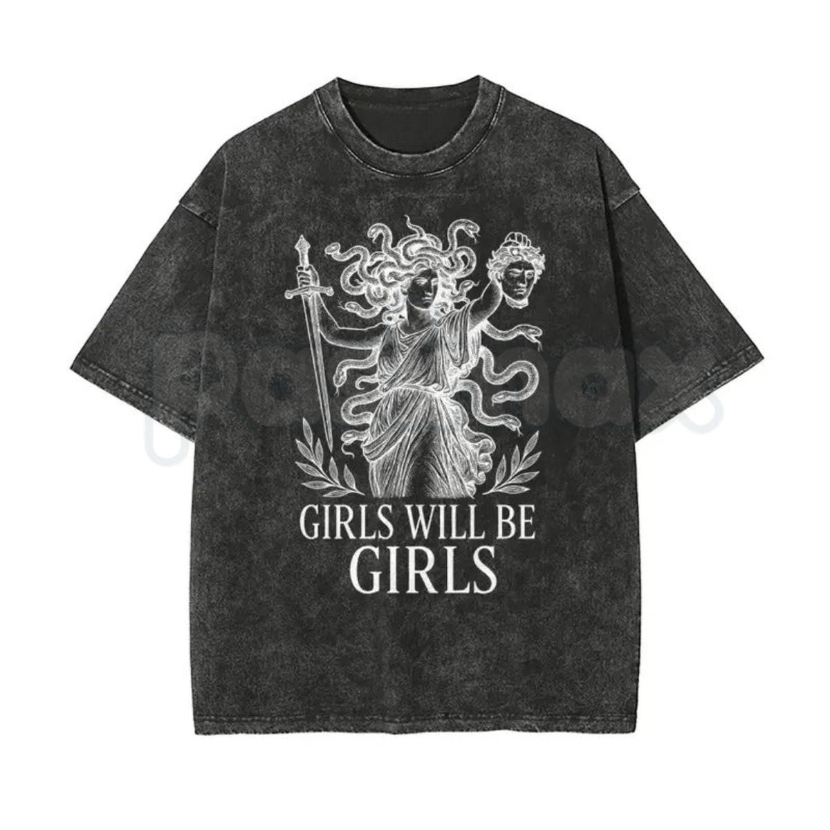 Girls Will Be Girls Medusa T-Shirt – Oversize Unisex Washed Graphic Tee, Lightweight Retro Greek Mythology Streetwear