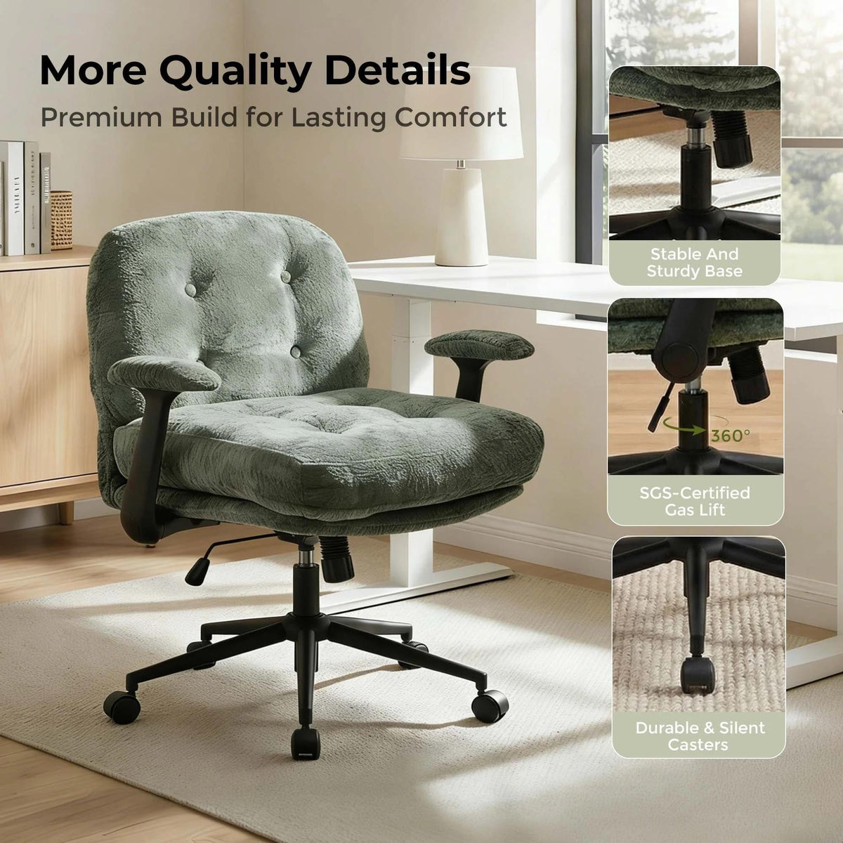 Green Velvet-Like Chenille Swivel Desk Chair with Armrests