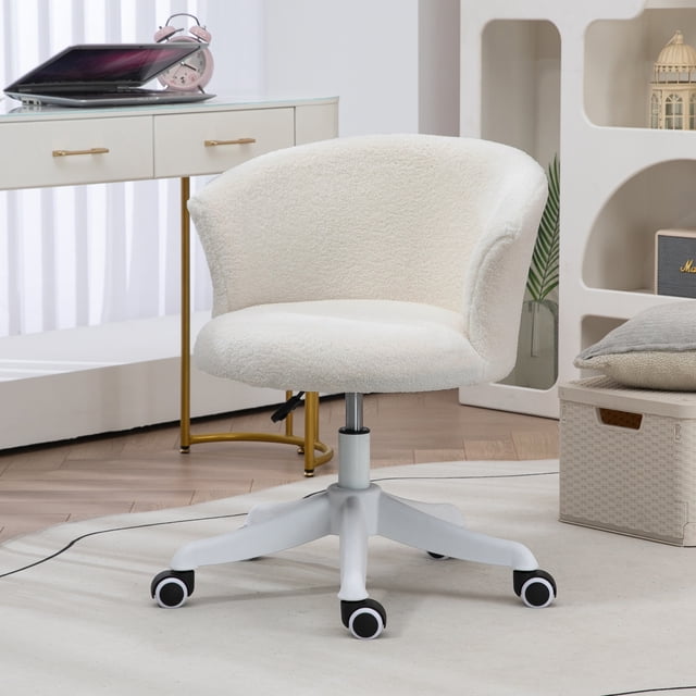 Armless Teddy Fleece Swivel Desk Chair, White