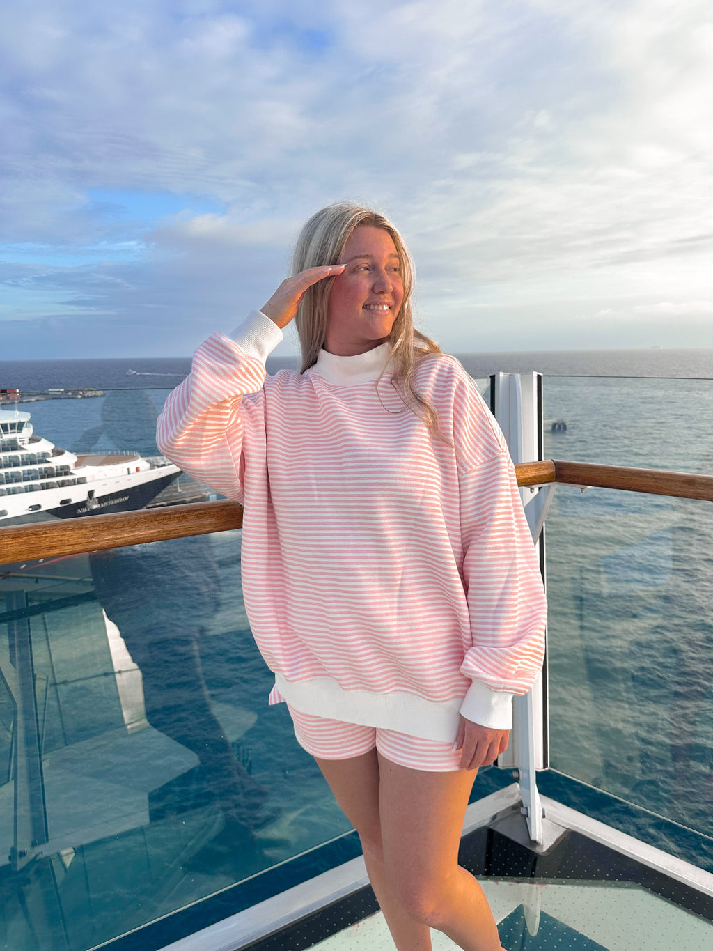Light Pink and White Big Striped Mockneck Sweatshirt