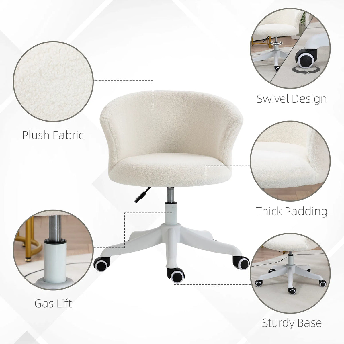 Armless Teddy Fleece Swivel Desk Chair, White
