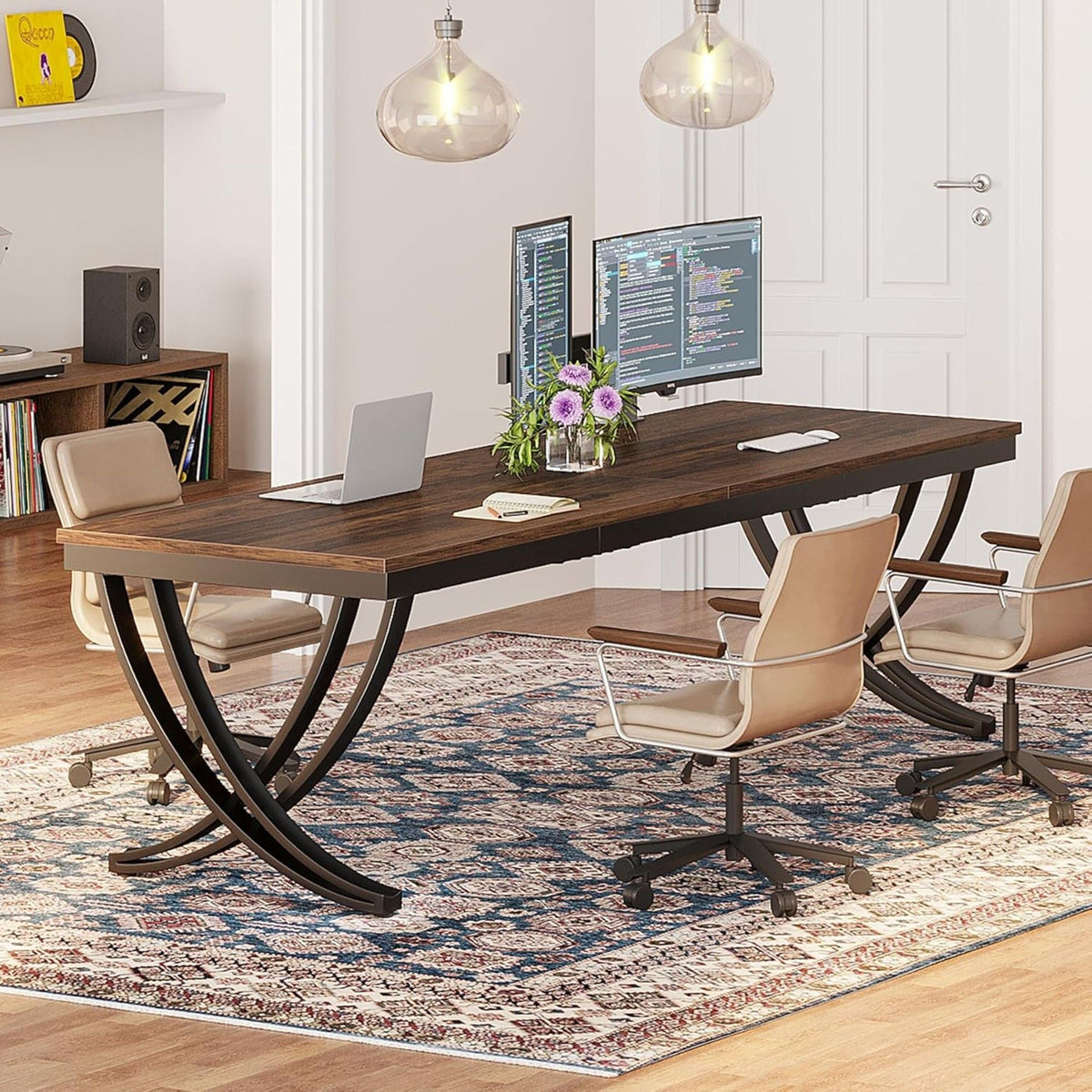 Extra Long 2 Person Desk With X Legs - Brown / Black