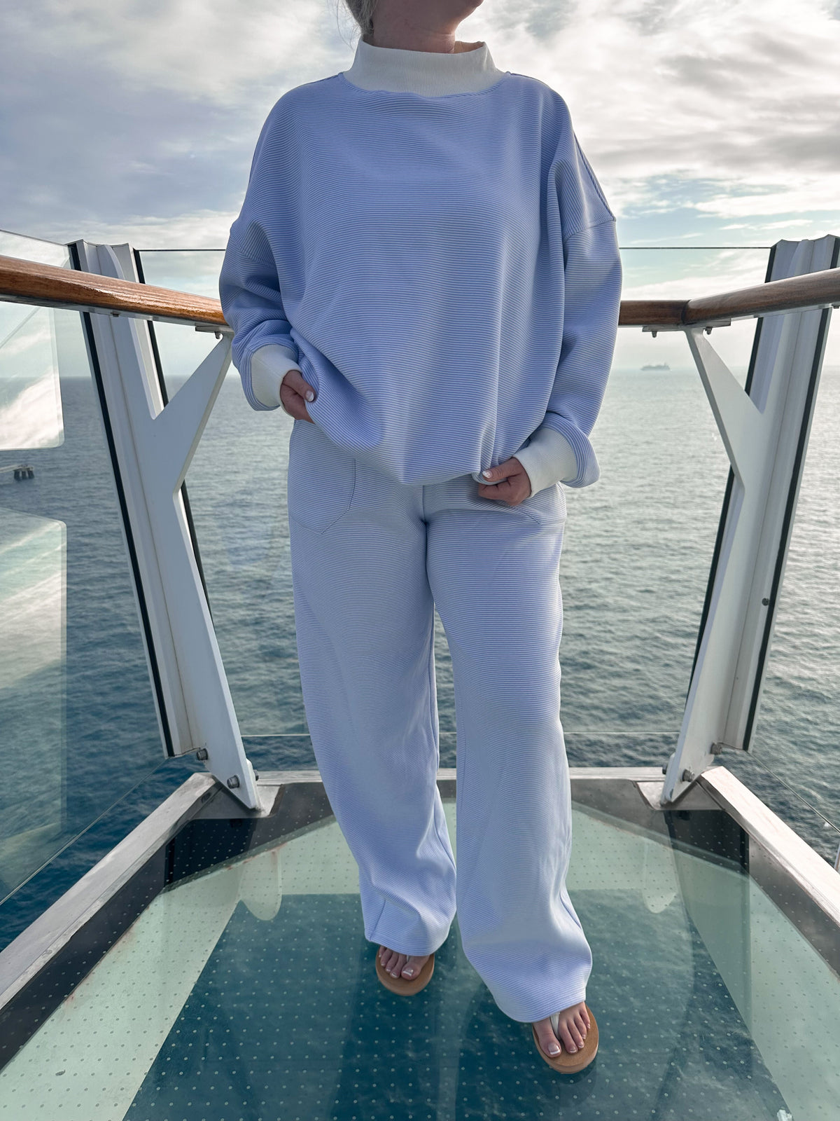 Blue and White Mini Striped Mockneck Sweatshirt