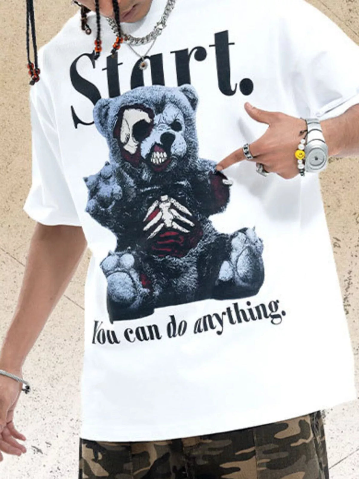 Men's Teddy Bear Graphic Round Neck Oversized T-Shirt