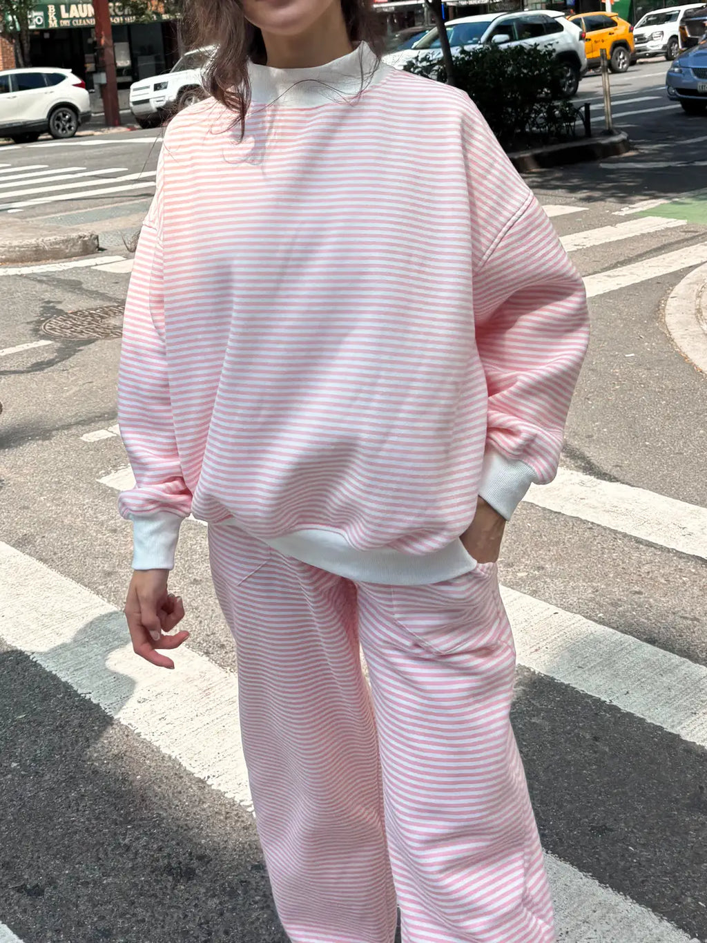 Light Pink and White Big Striped Mockneck Sweatshirt