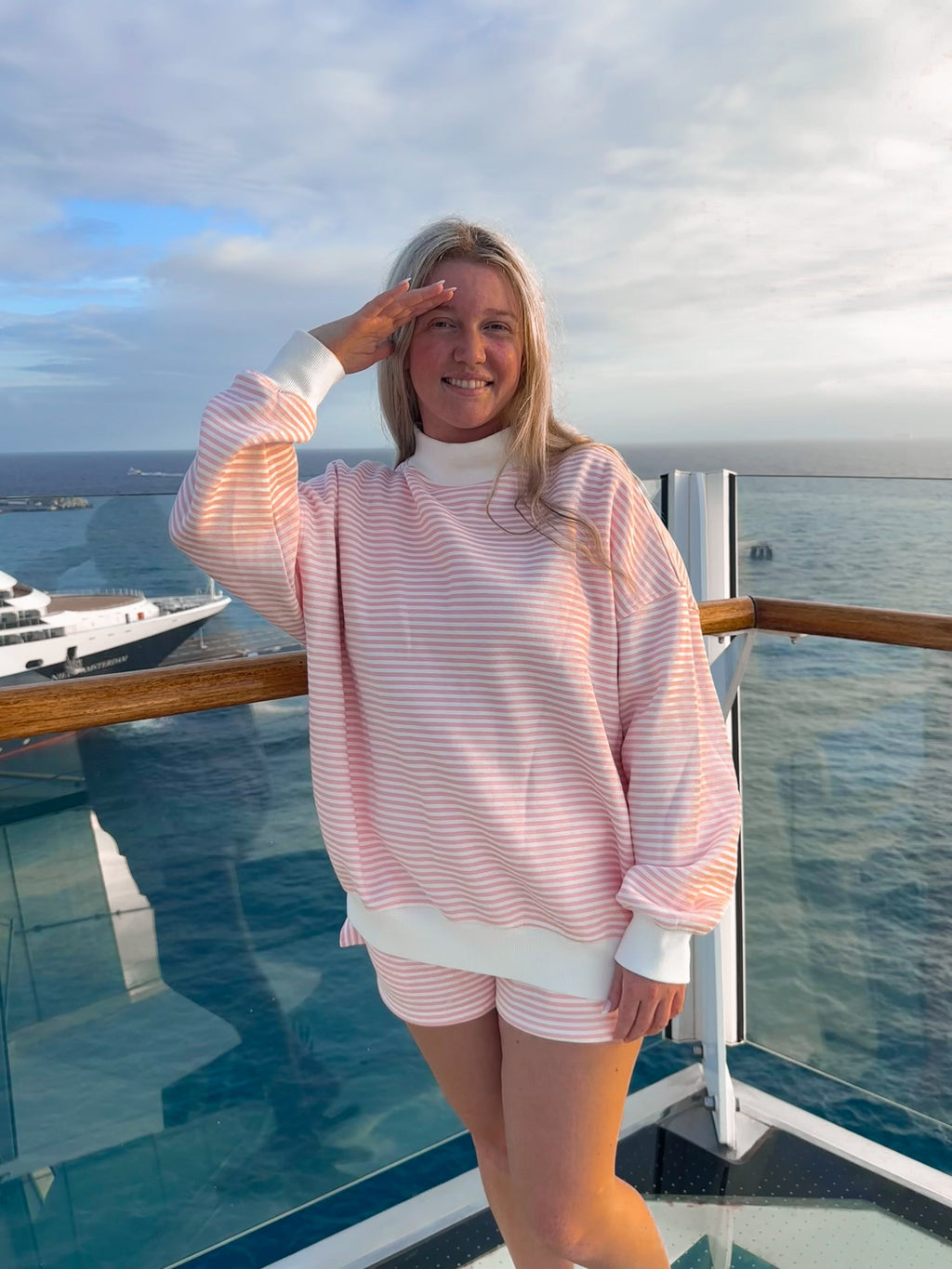 Light Pink and White Big Striped Mockneck Sweatshirt