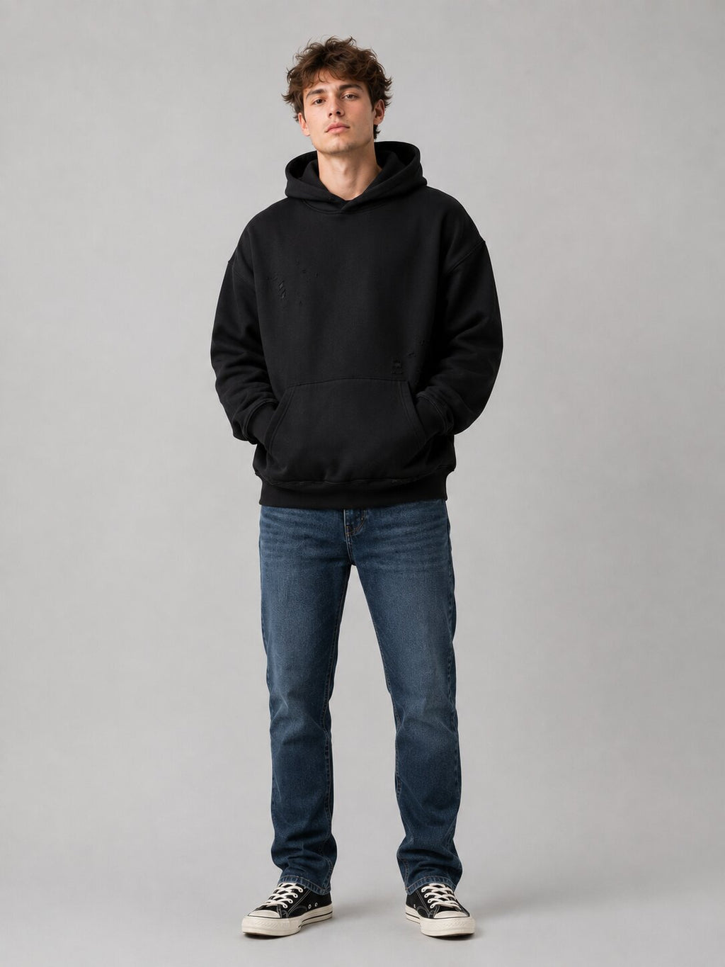 Worn-In Drop Shoulder Distressed Hoodie Black