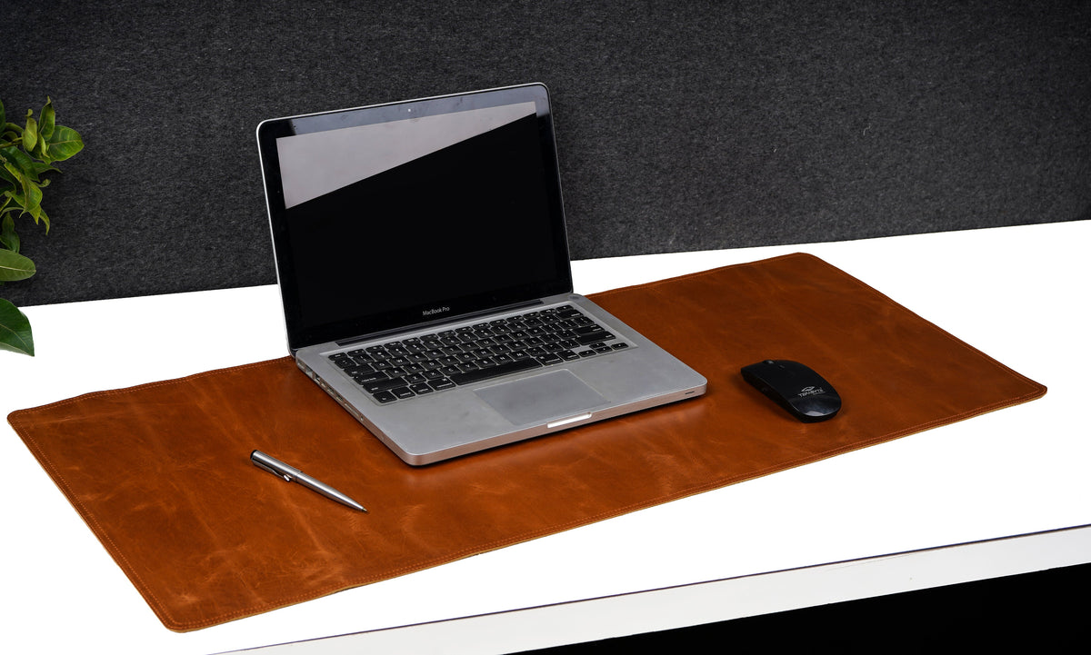 Crunch Tan Genuine Leather Desk Mat, Non-Slip Base