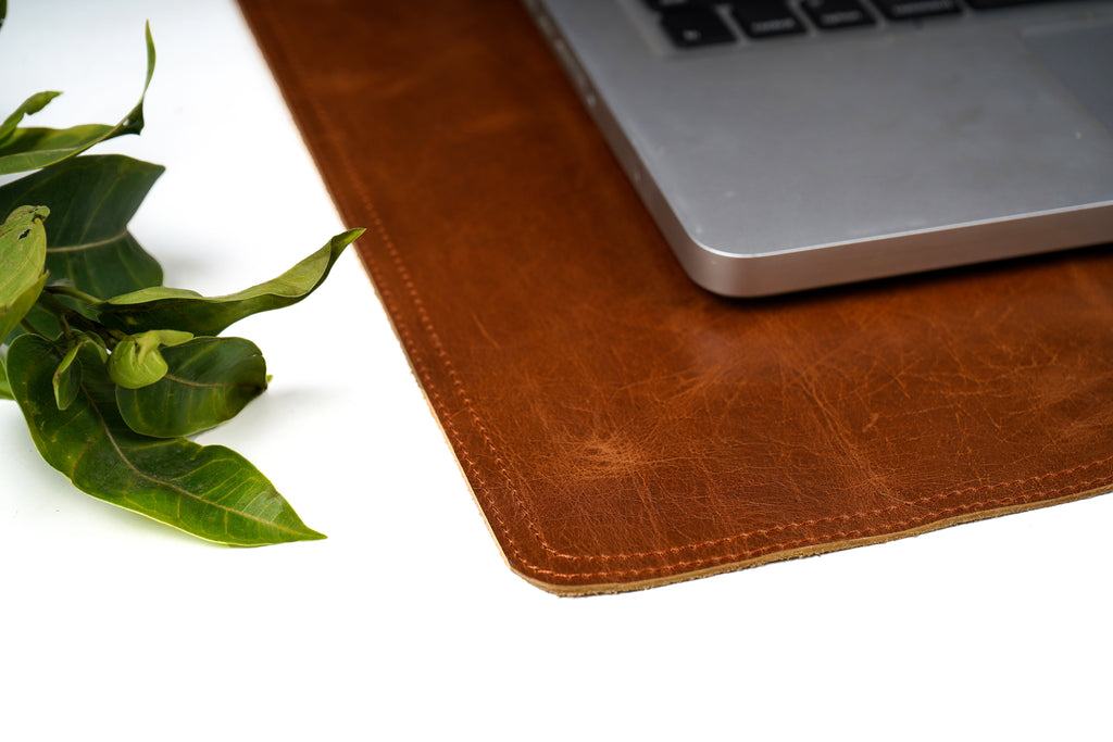 Crunch Tan Genuine Leather Desk Mat, Non-Slip Base