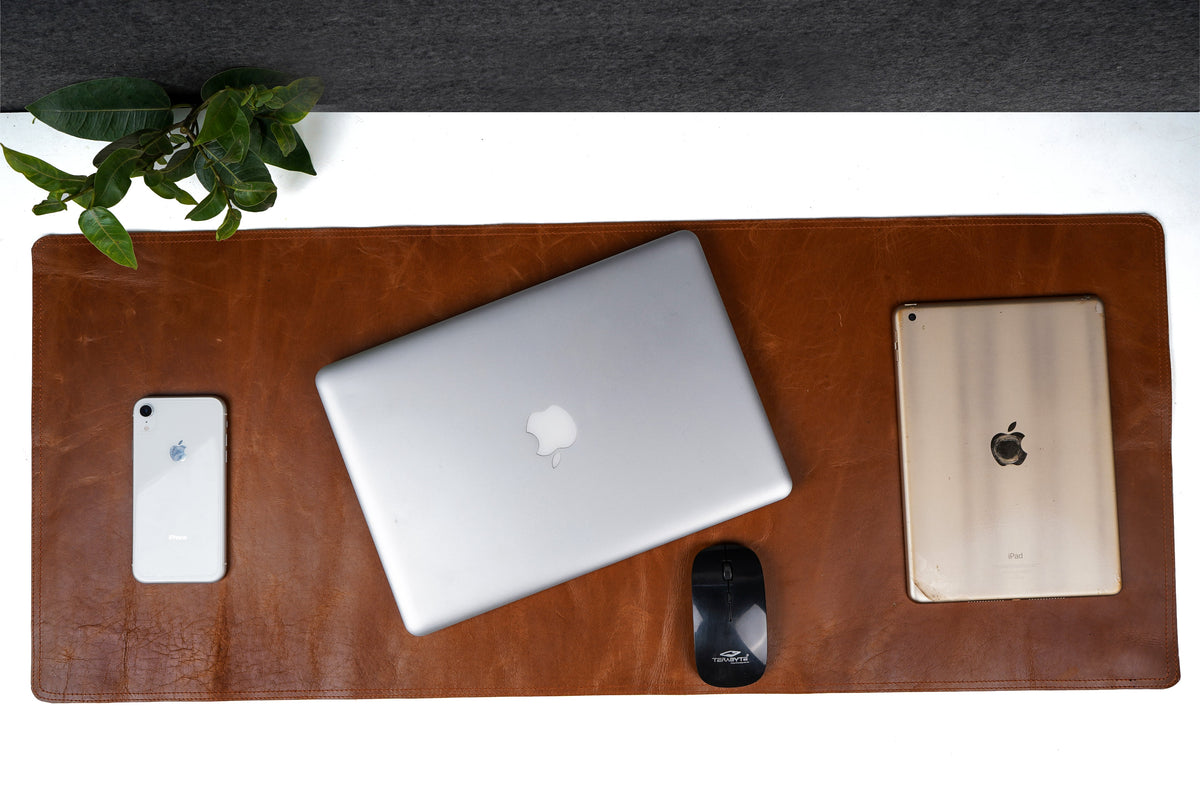 Crunch Tan Genuine Leather Desk Mat, Non-Slip Base