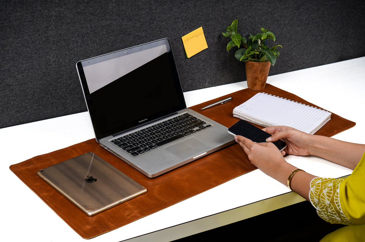 Crunch Tan Genuine Leather Desk Mat, Non-Slip Base