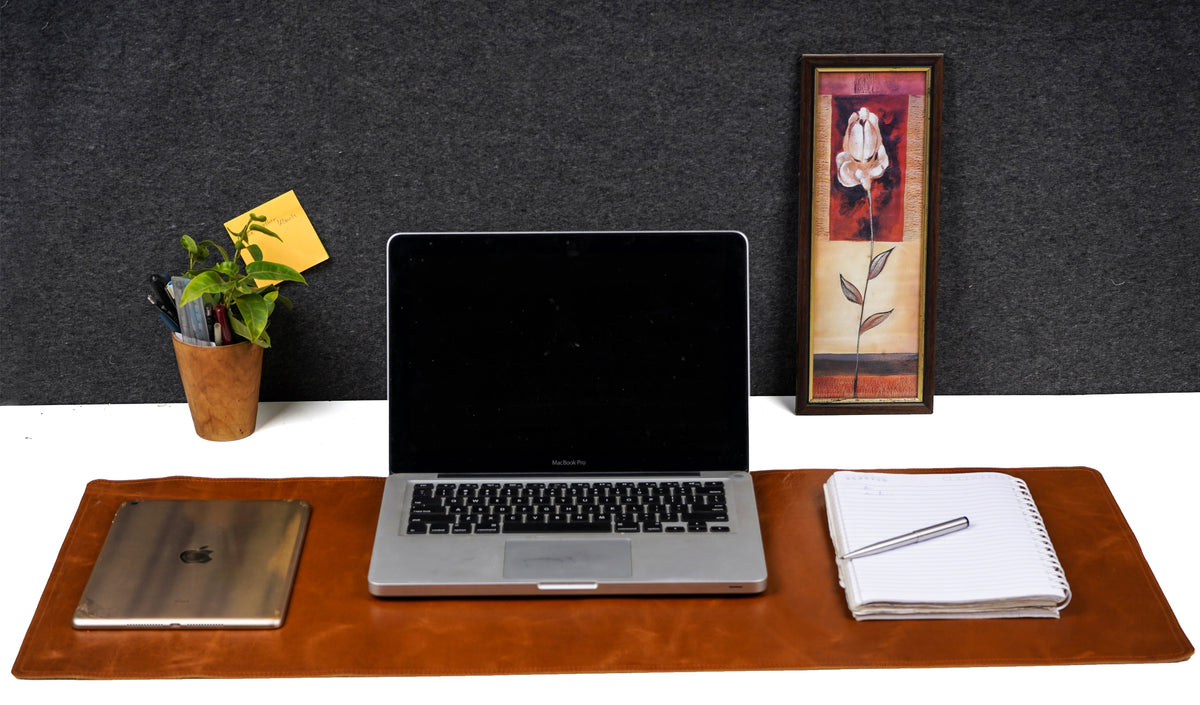 Crunch Tan Genuine Leather Desk Mat, Non-Slip Base