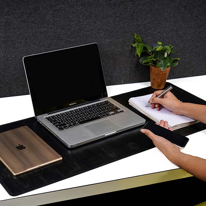 Black Genuine Leather Laptop & Desk Mat, Non-Slip