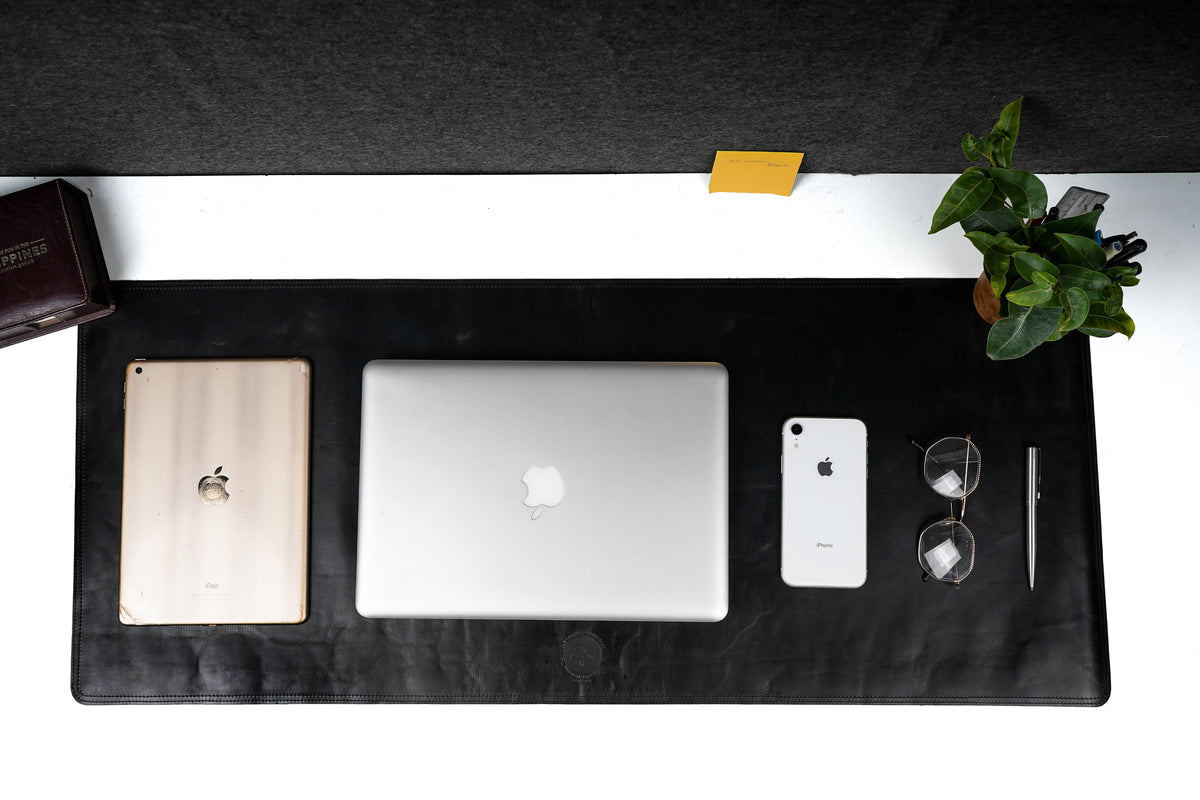 Black Genuine Leather Laptop & Desk Mat, Non-Slip