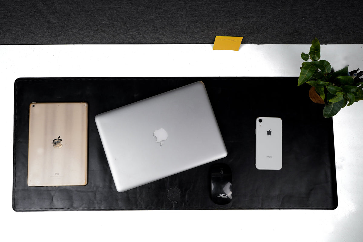 Black Genuine Leather Laptop & Desk Mat, Non-Slip