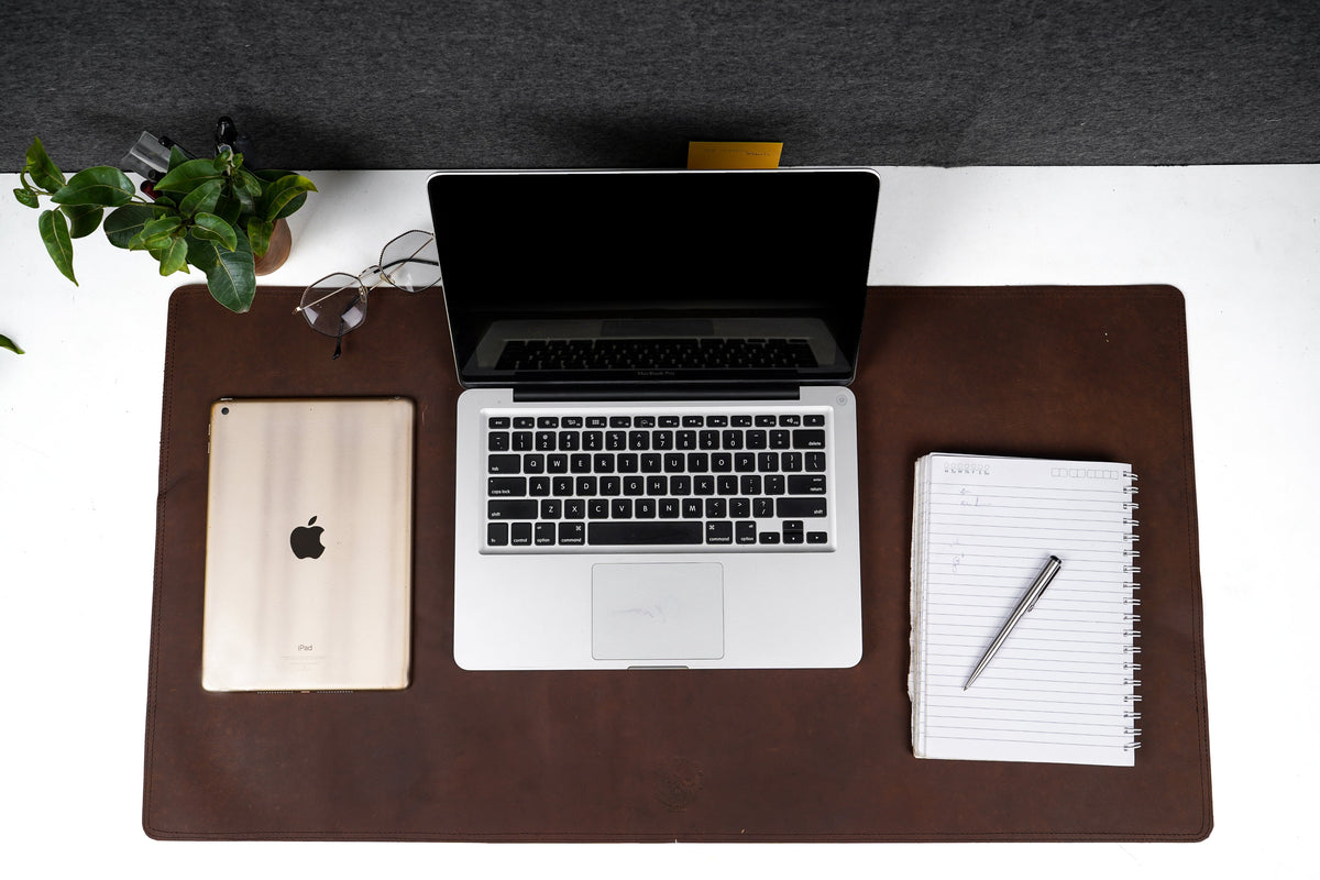 Brown Genuine Leather Desk Mat, Non-Slip Base