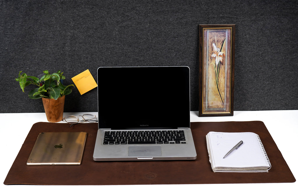 Brown Genuine Leather Desk Mat, Non-Slip Base