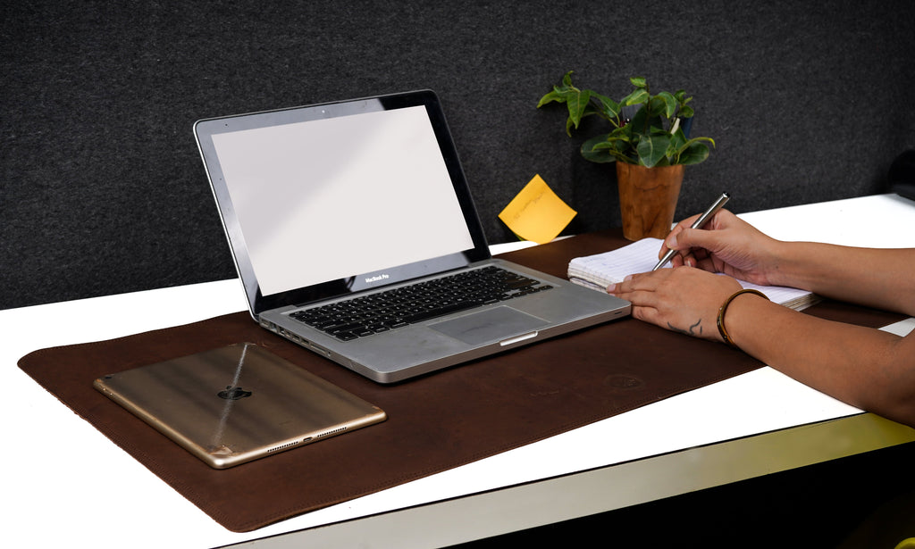 Brown Genuine Leather Desk Mat, Non-Slip Base