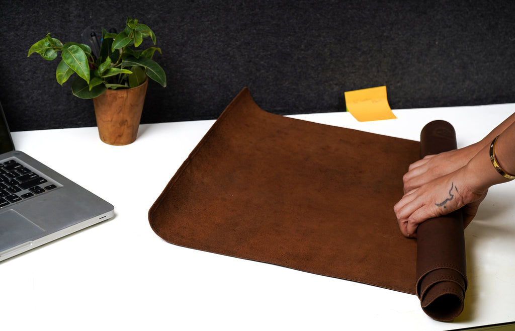 Brown Genuine Leather Desk Mat, Non-Slip Base
