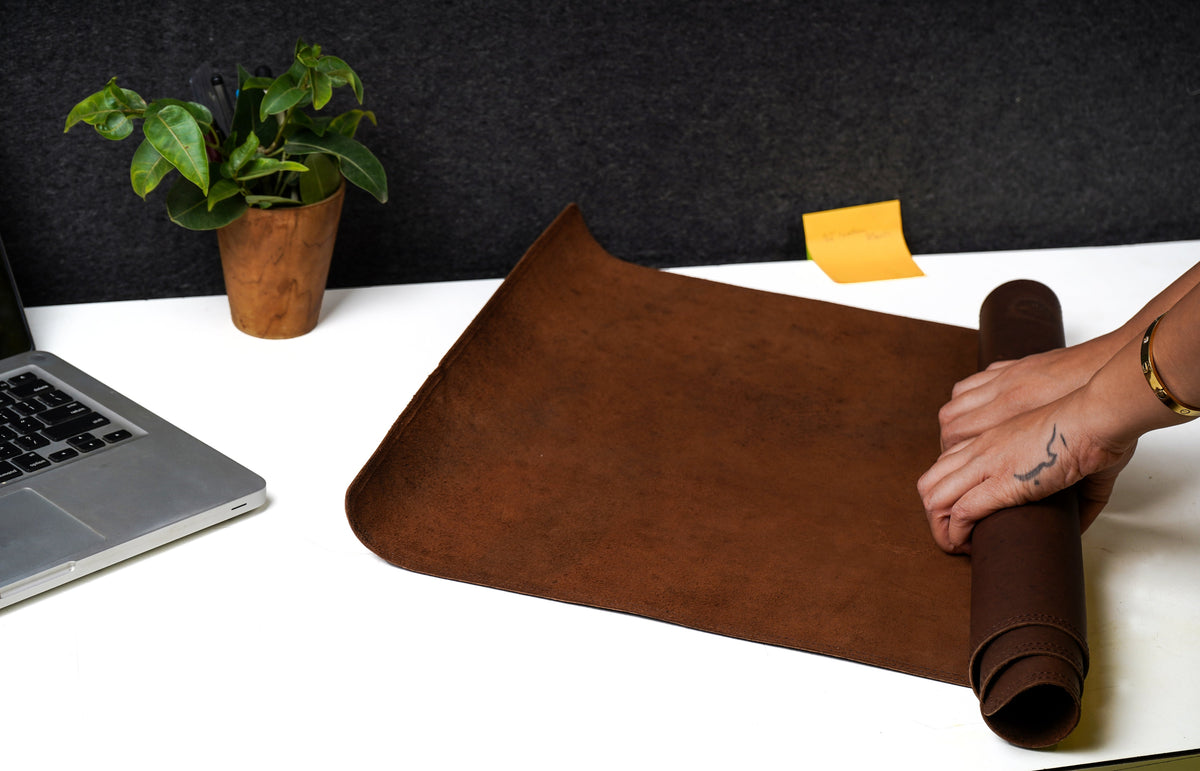 Brown Genuine Leather Desk Mat, Non-Slip Base