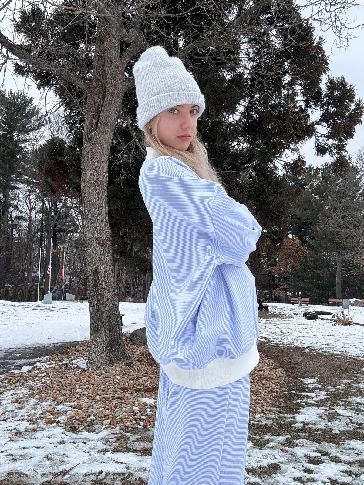 Blue and White Mini Striped Mockneck Sweatshirt