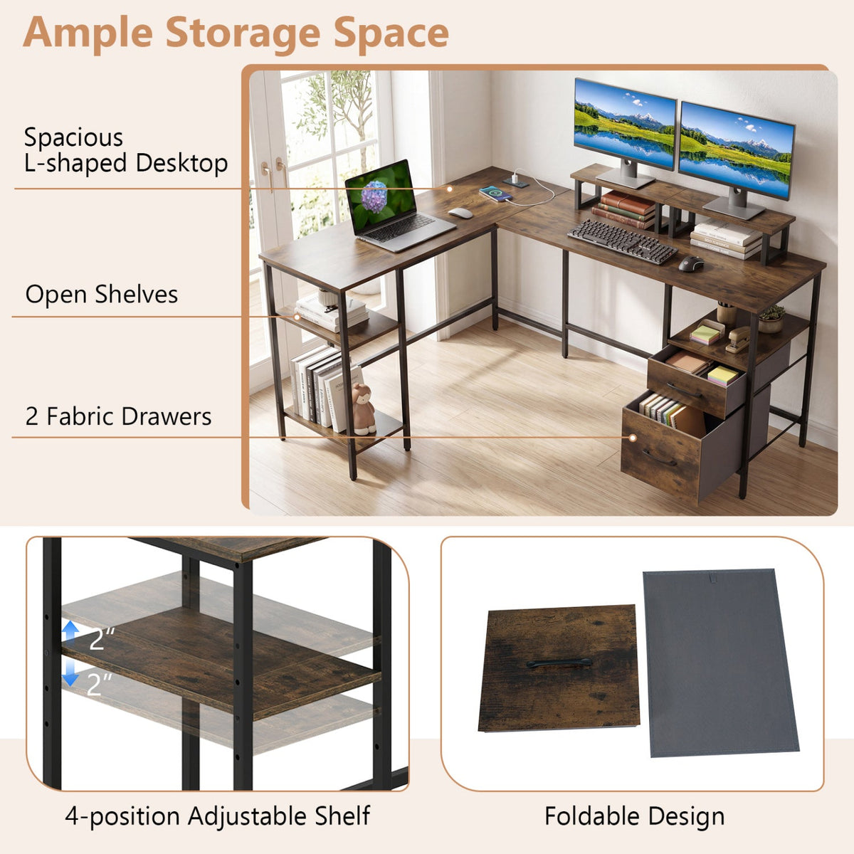 L-Shaped Desk with Power Outlet and Monitor Stands