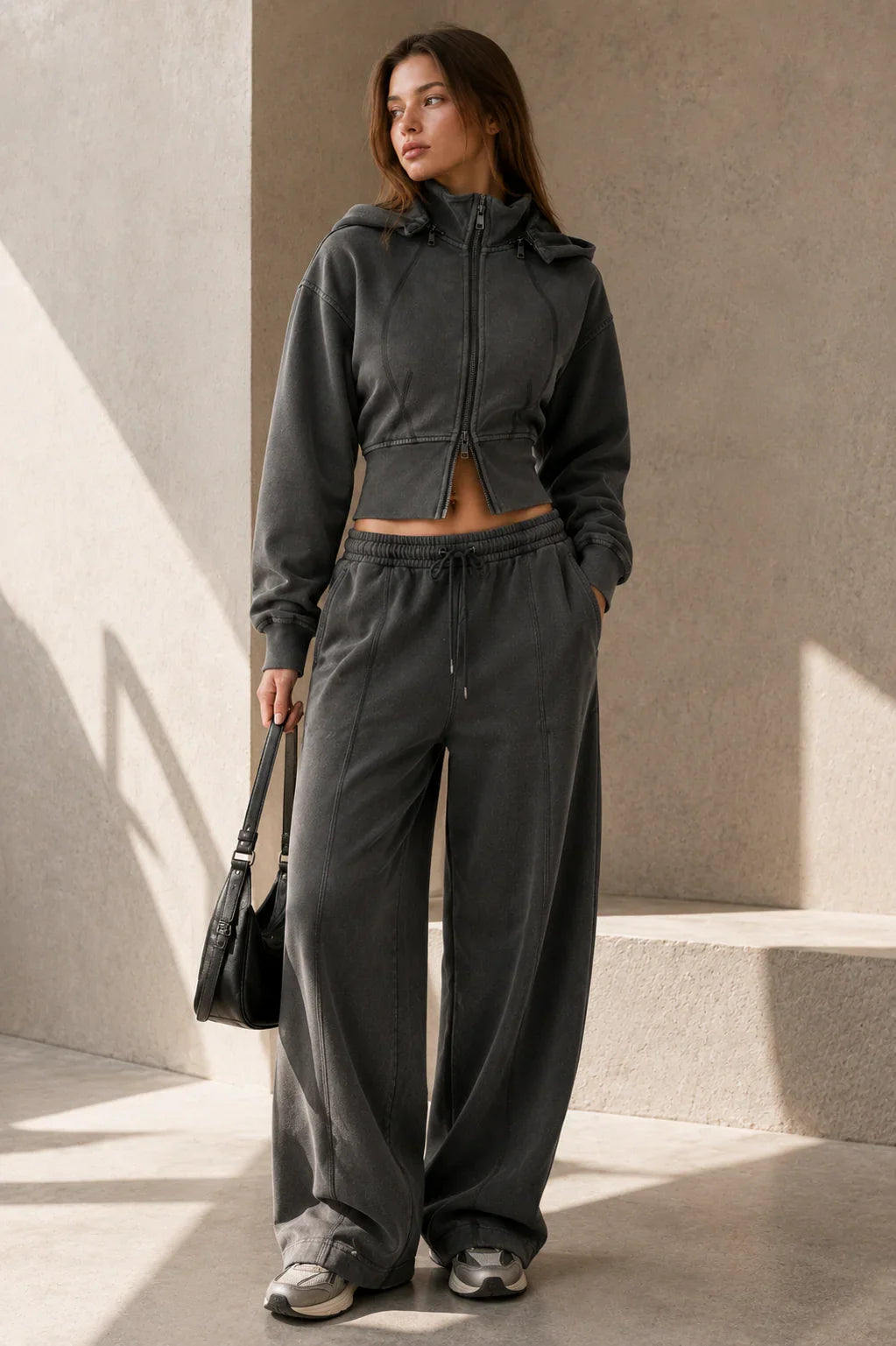 Vintage Washed Cropped Fleece Hoodie for Women