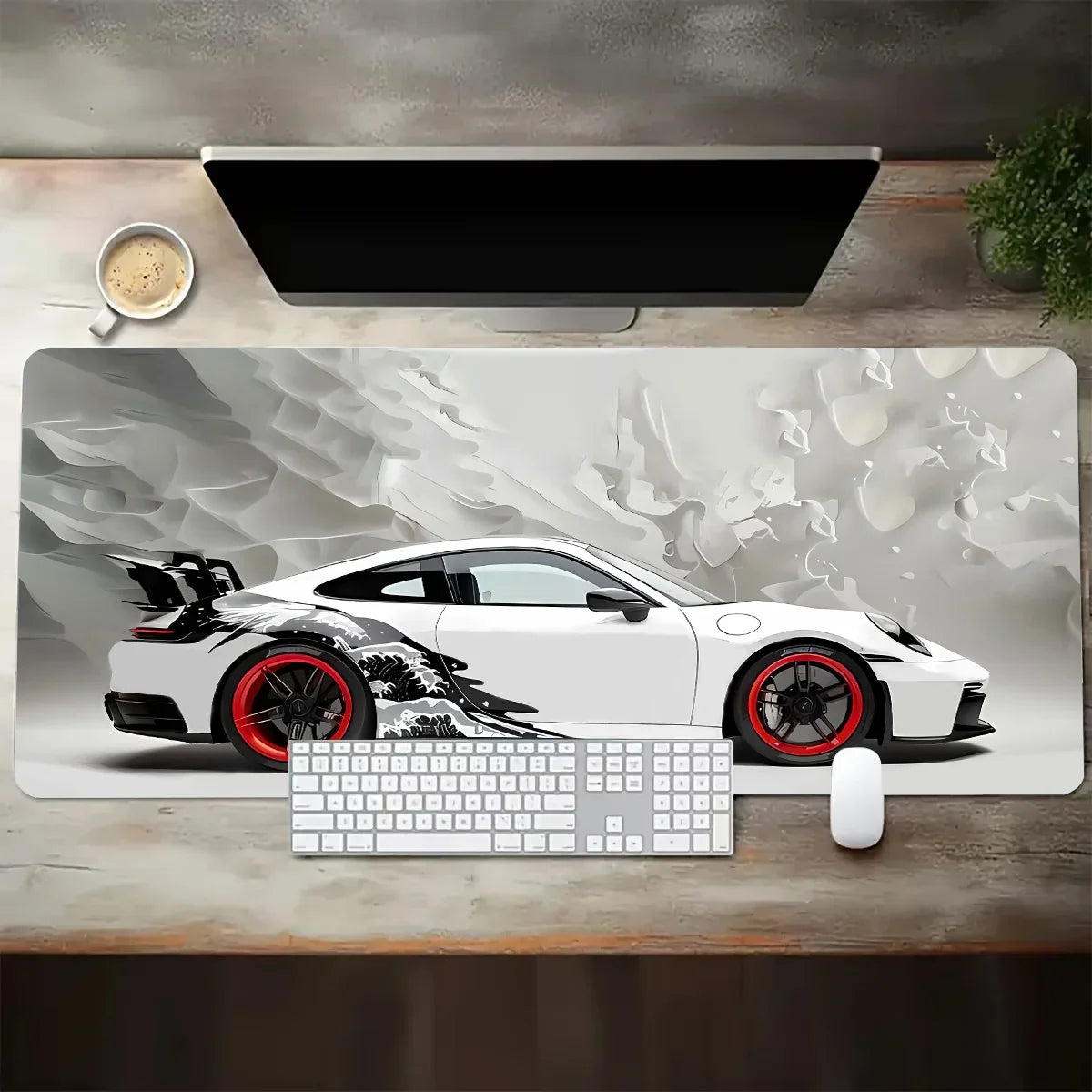Large White Sports Car Design Gaming Mouse Pad Anti-Slip Rubber Base Extended Desk Mat for Gamer Office Use Computer Accessories