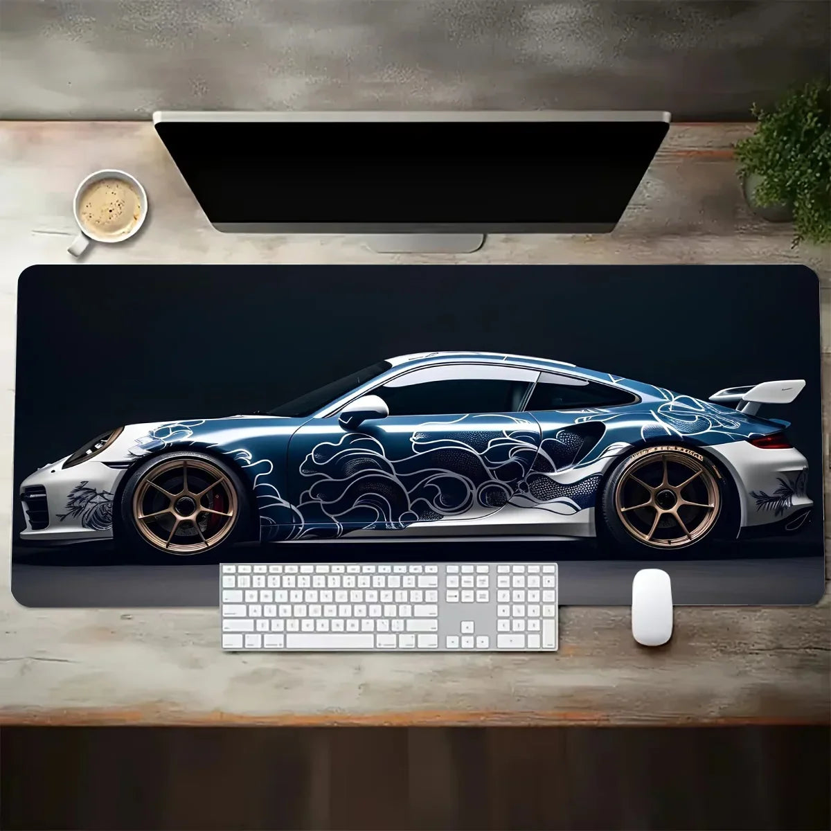 Large White Sports Car Design Gaming Mouse Pad Anti-Slip Rubber Base Extended Desk Mat for Gamer Office Use Computer Accessories