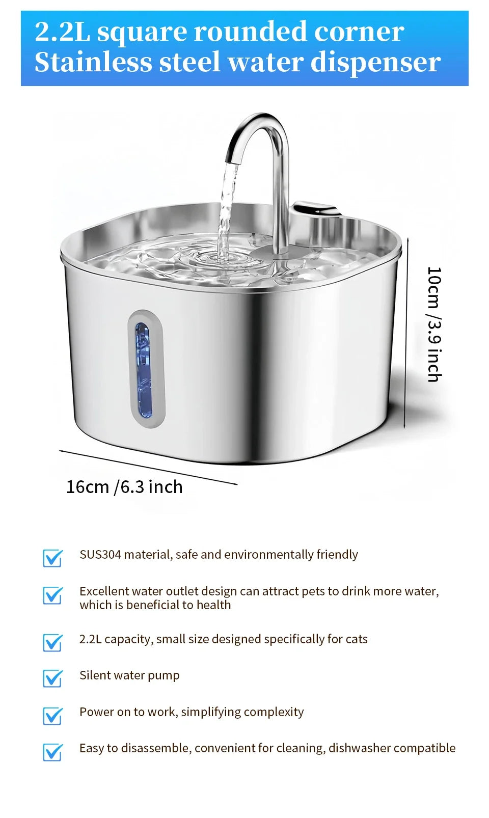 Large Capacity Cat Water Fountain Stainless Steel Automatic Pet Drinking Fountain for Indoor Cats Dogs Quiet Cat Water Dispener