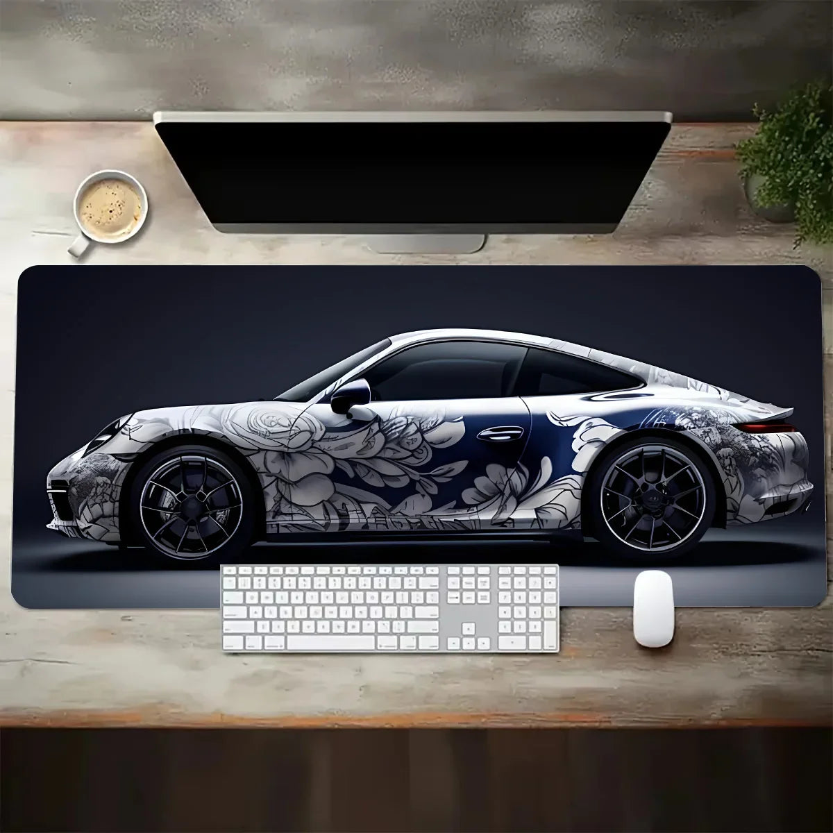 Large White Sports Car Design Gaming Mouse Pad Anti-Slip Rubber Base Extended Desk Mat for Gamer Office Use Computer Accessories