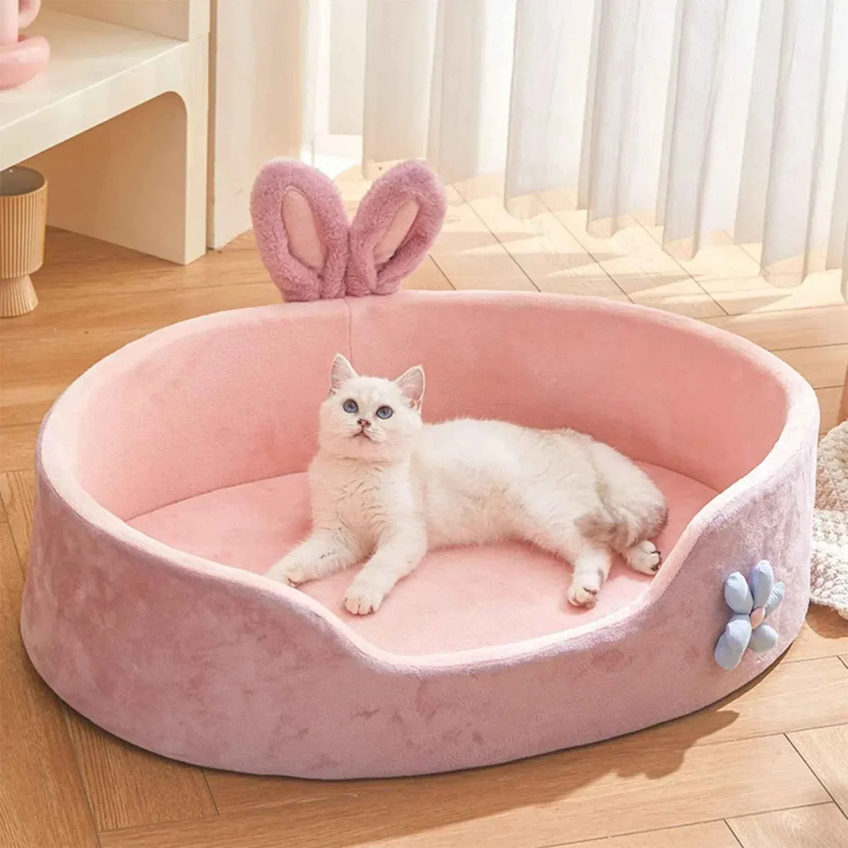 Soft Bolster Pet Bed – Washable Removable Cover, All-Season Comfort for Cats & Dogs, Pink (S–XL)