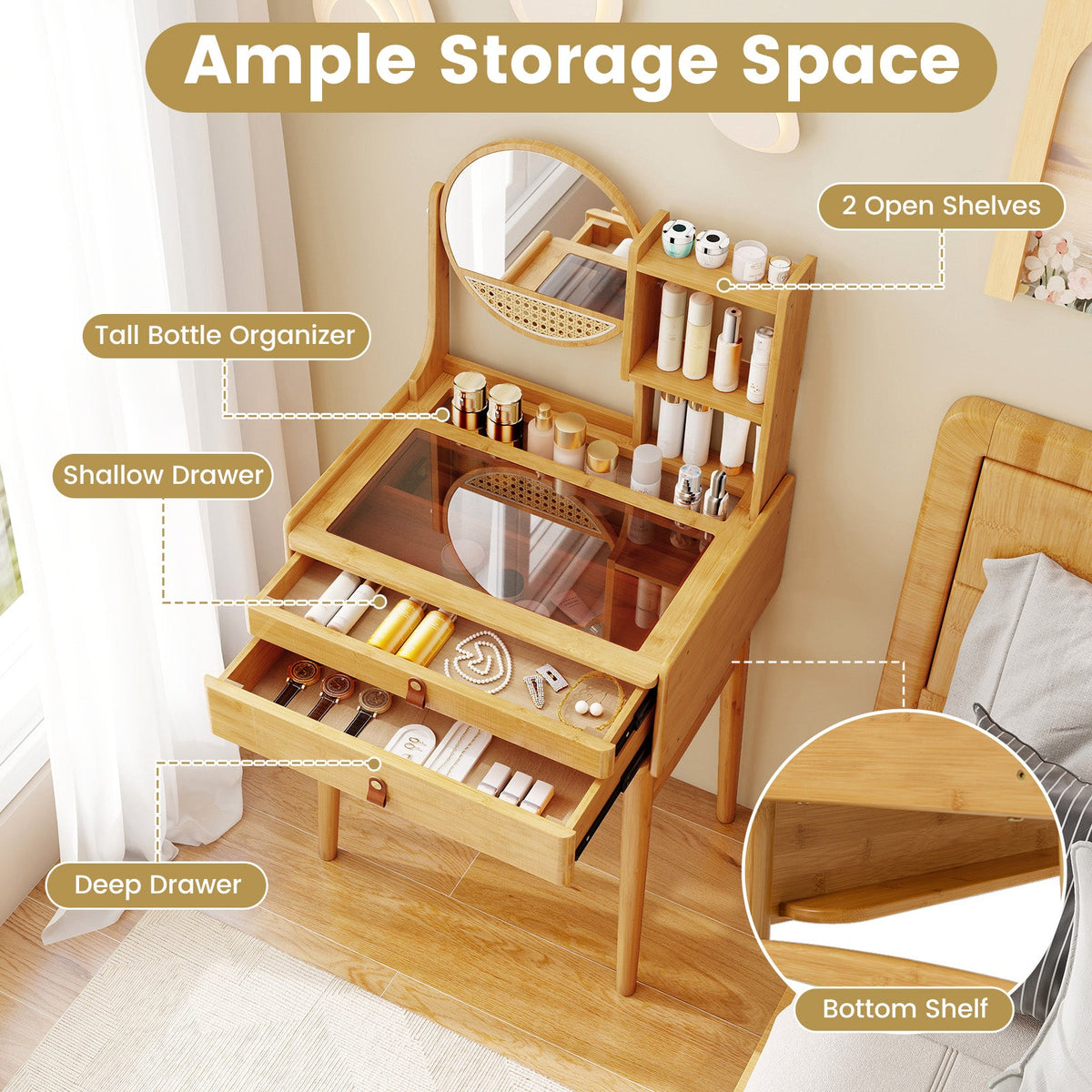 Small Vanity Desk 23.5 Inch Compact Makeup Table with Mirror-Natural