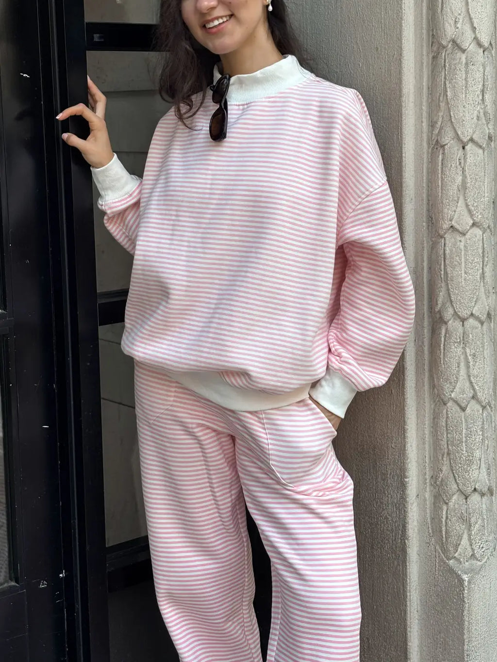 Light Pink and White Big Striped Mockneck Sweatshirt