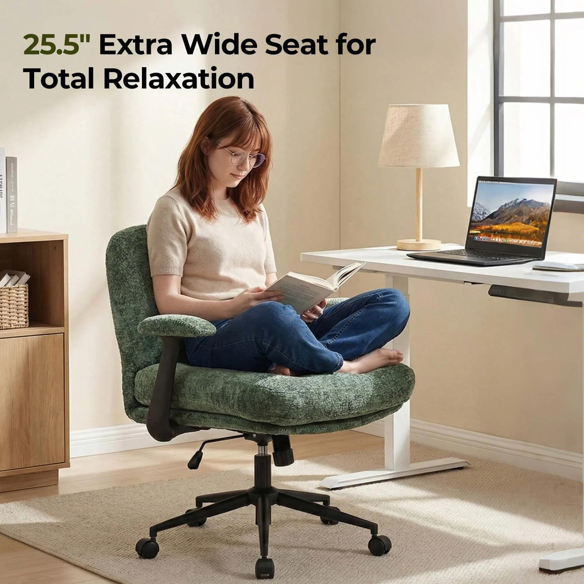 Green Velvet-Like Chenille Swivel Desk Chair with Armrests