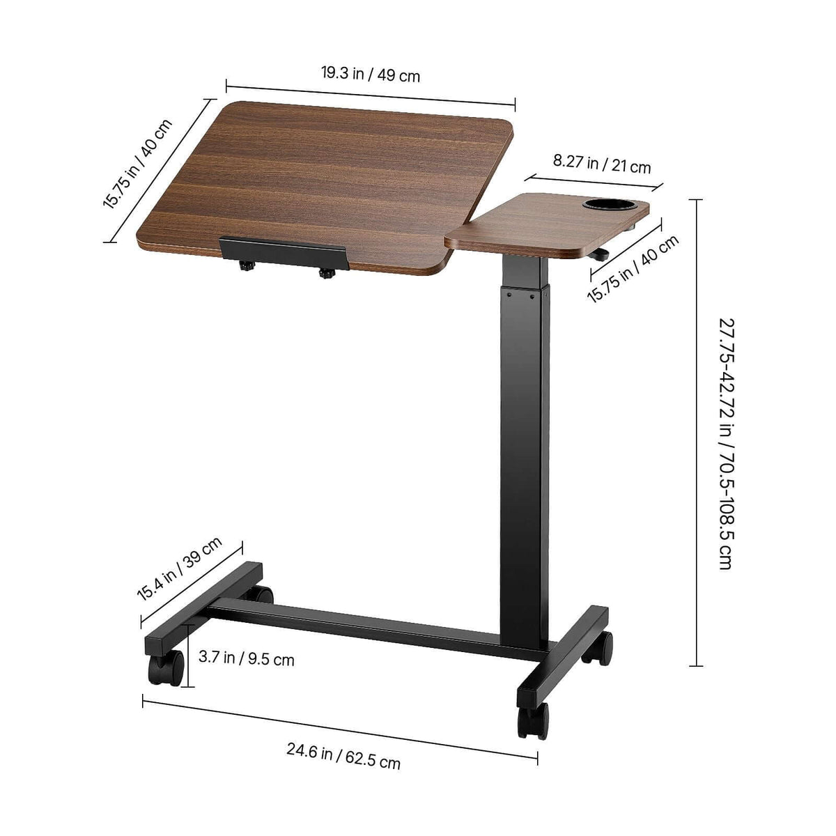 Portable Overbed Desk with Height & Angle Adjustments - Rolling Laptop Table with Cup Holder for Study & Work