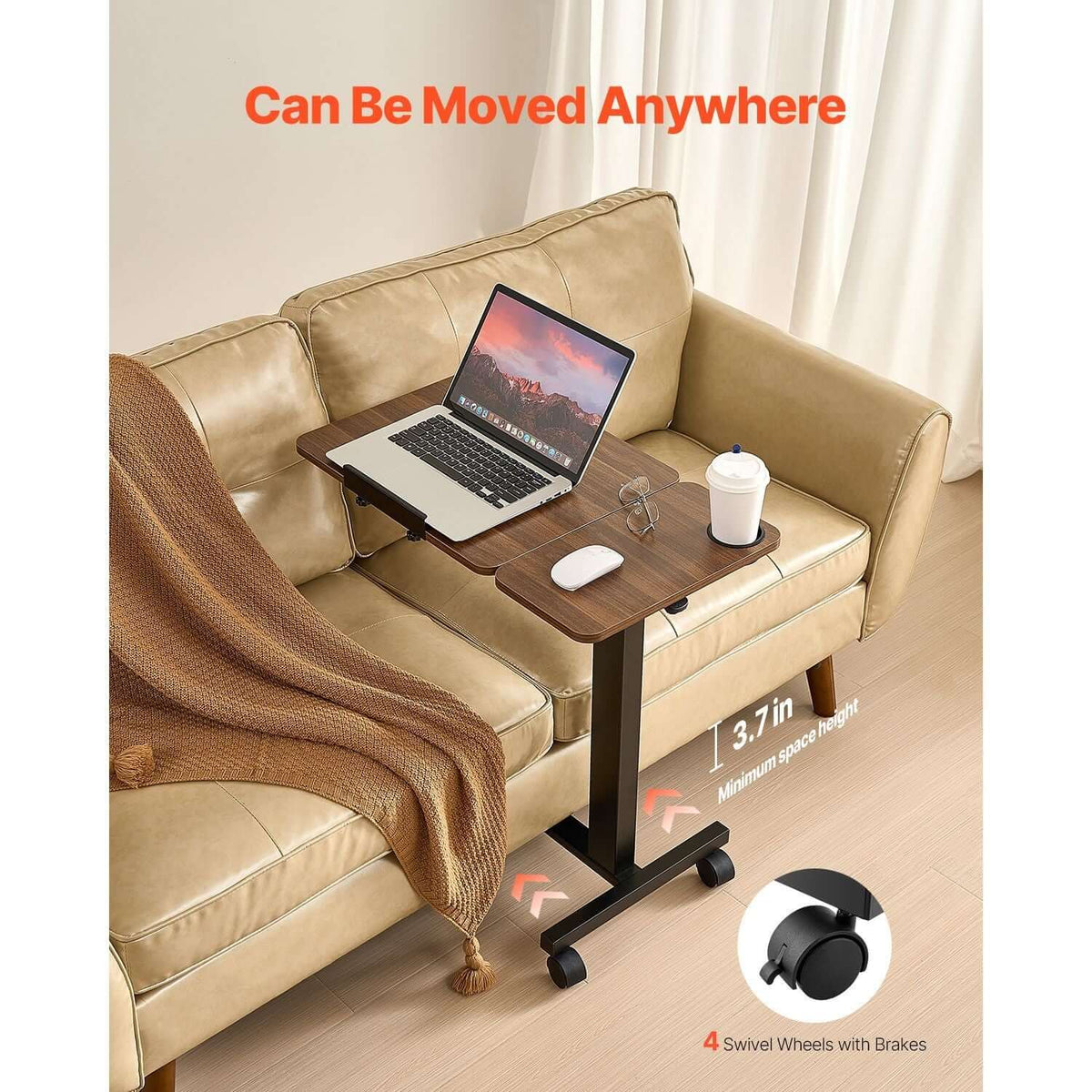 Portable Overbed Desk with Height & Angle Adjustments - Rolling Laptop Table with Cup Holder for Study & Work