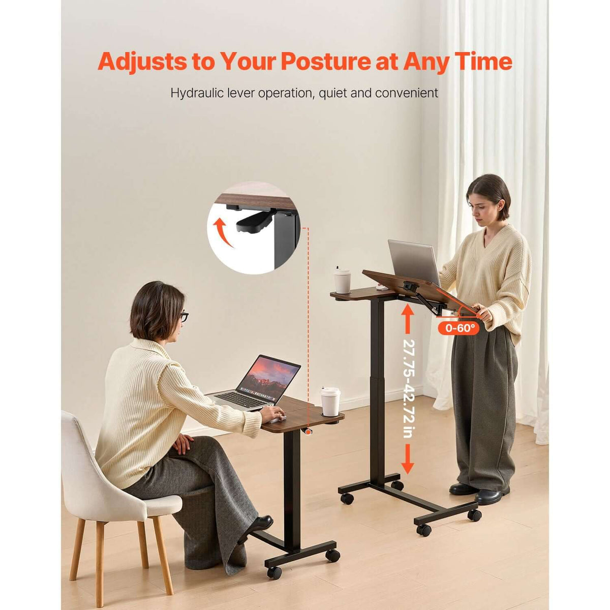 Portable Overbed Desk with Height & Angle Adjustments - Rolling Laptop Table with Cup Holder for Study & Work
