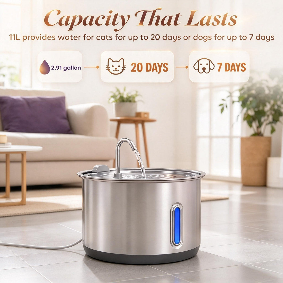 Large Capacity Stainless Steel Cat Water Fountain, 4-Stage Filtration, Ultra Quiet Pump, Silver